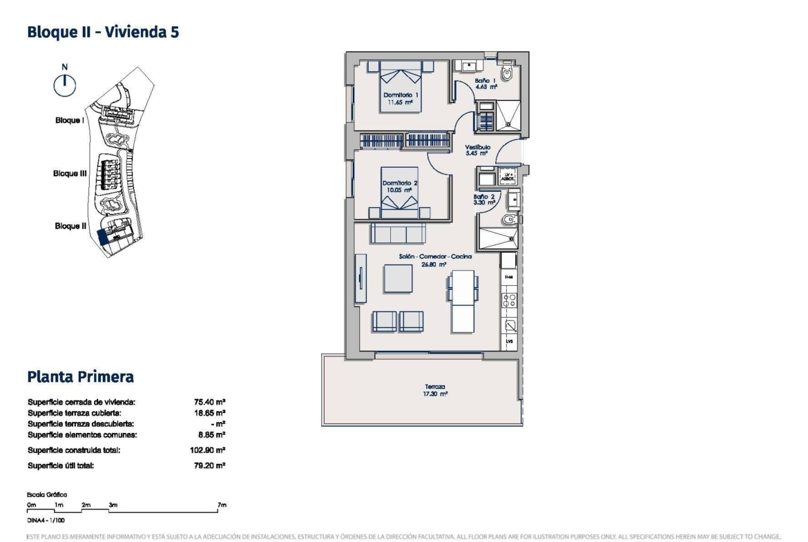 Bright and spacious 3-bedroom new build apartment floor plan with open living area and terrace in Sierra Cortina, Finestrat.