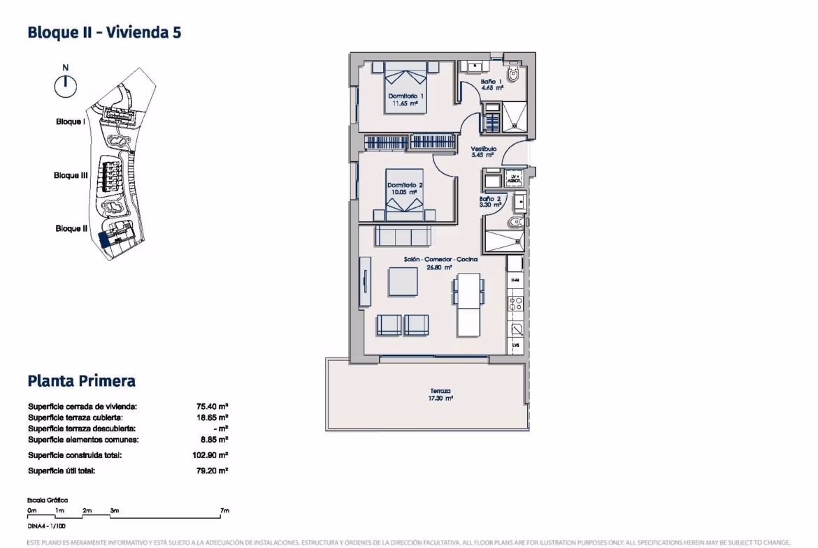 Bright and spacious 3-bedroom new build apartment floor plan with open living area and terrace in Sierra Cortina, Finestrat.