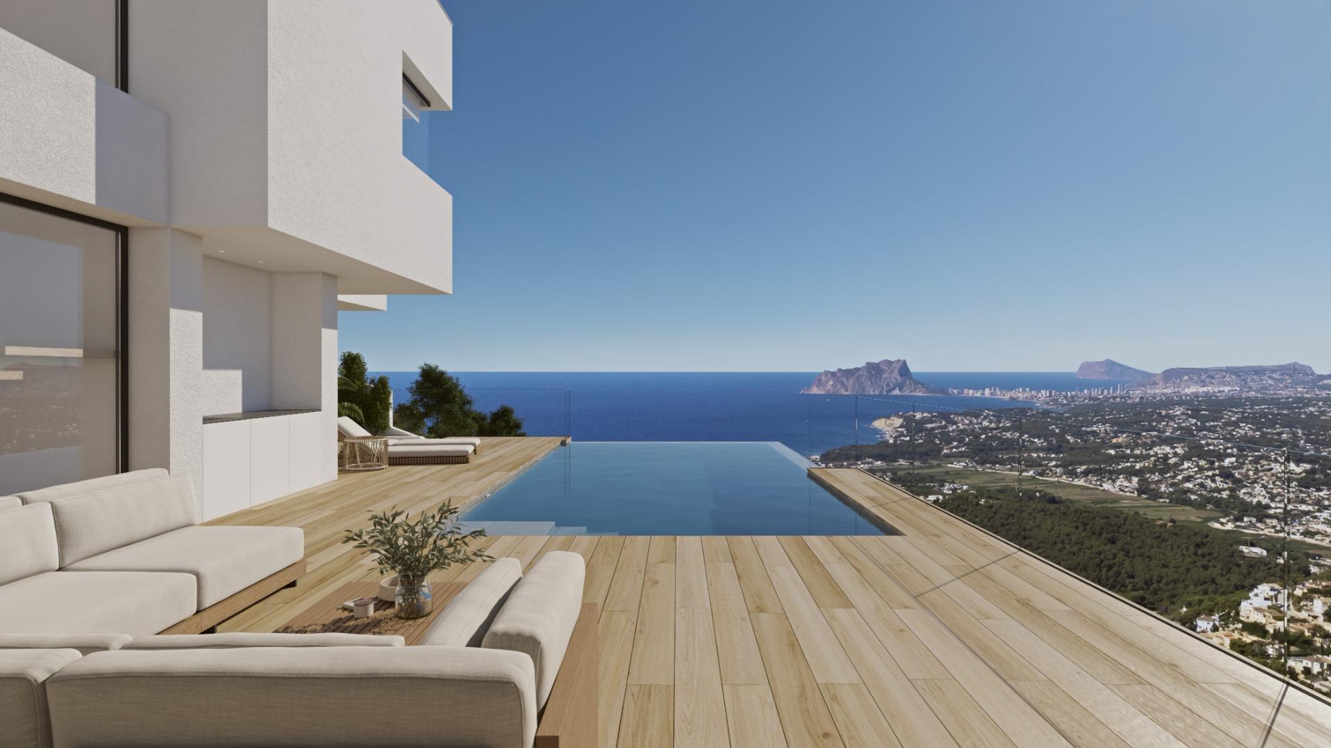 Sun-drenched terrace with elegant seating and infinity pool overlooking panoramic sea views in luxury villa at Cumbre del Sol