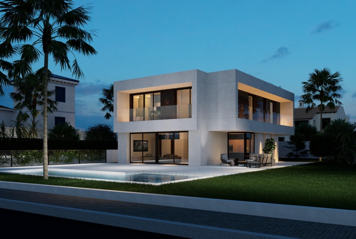 Modern luxury new build 4-bedroom villa with private pool and landscaped garden in serene La Zenia, Orihuela Costa at twilight.