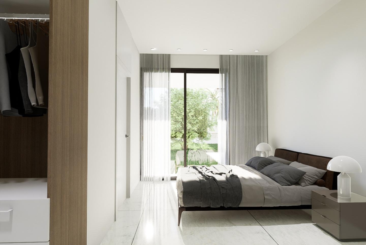 Bright, modern 4-bedroom villa bedroom with sleek design and garden views in luxury new build property in La Zenia, Orihuela Costa