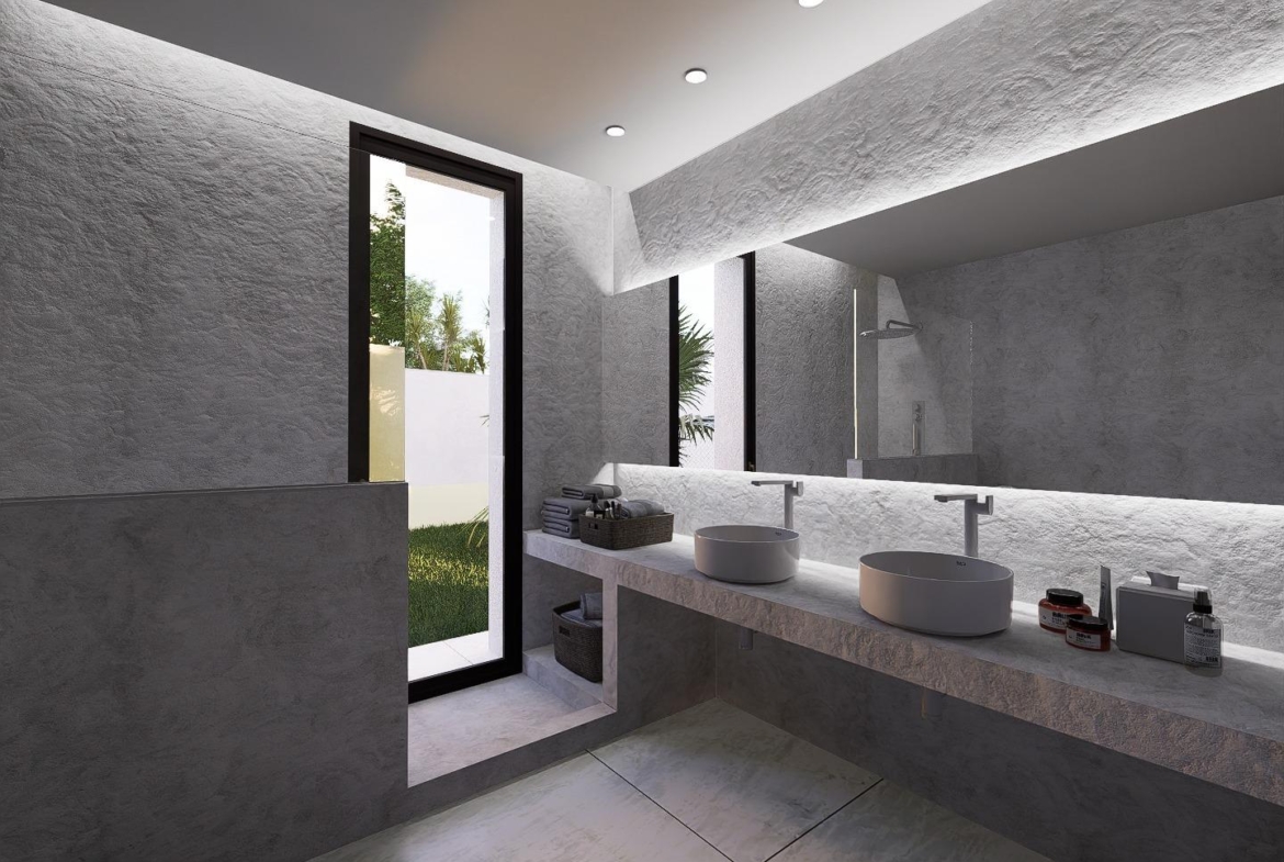 Modern sunlit bathroom with elegant double sinks and textured walls in luxury new build villa, La Zenia, Orihuela Costa
