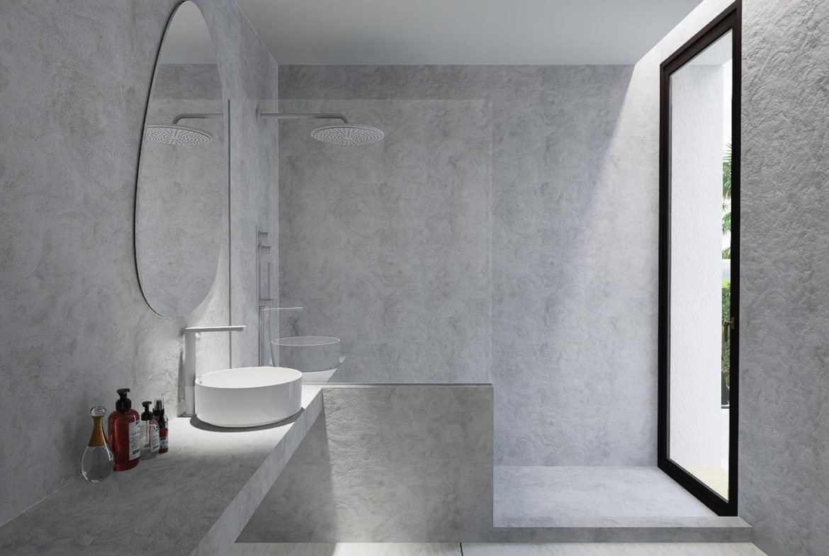 Bright modern bathroom with sleek rain shower and circular mirror in luxury 4-bedroom villa in La Zenia, Orihuela Costa