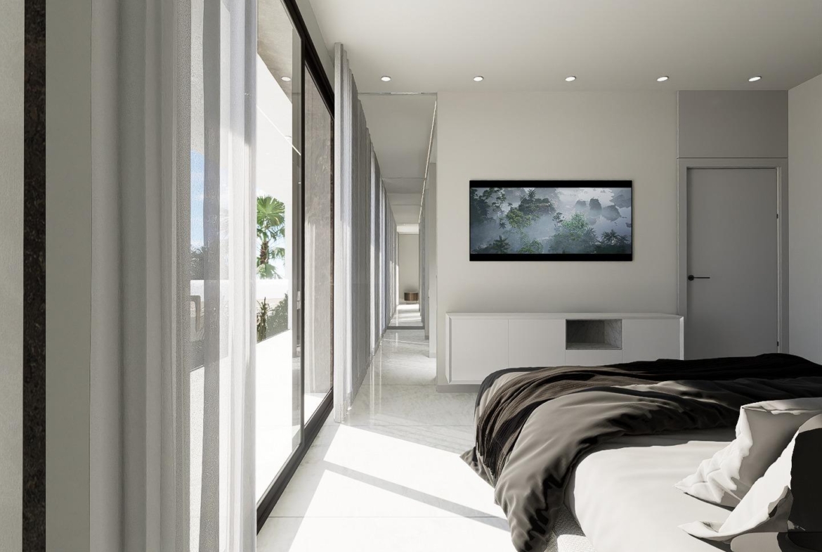 Bright, modern bedroom with floor-to-ceiling windows and sleek decor in luxury 4-bedroom villa, La Zenia, Orihuela Costa.