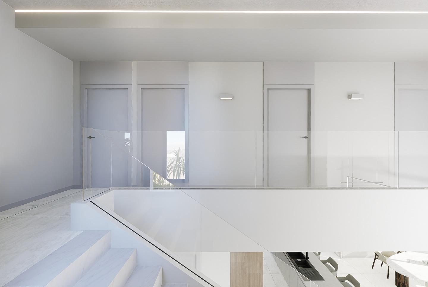 Bright, spacious modern staircase with glass balustrade in luxury new build 4-bedroom villa in La Zenia, Orihuela Costa.