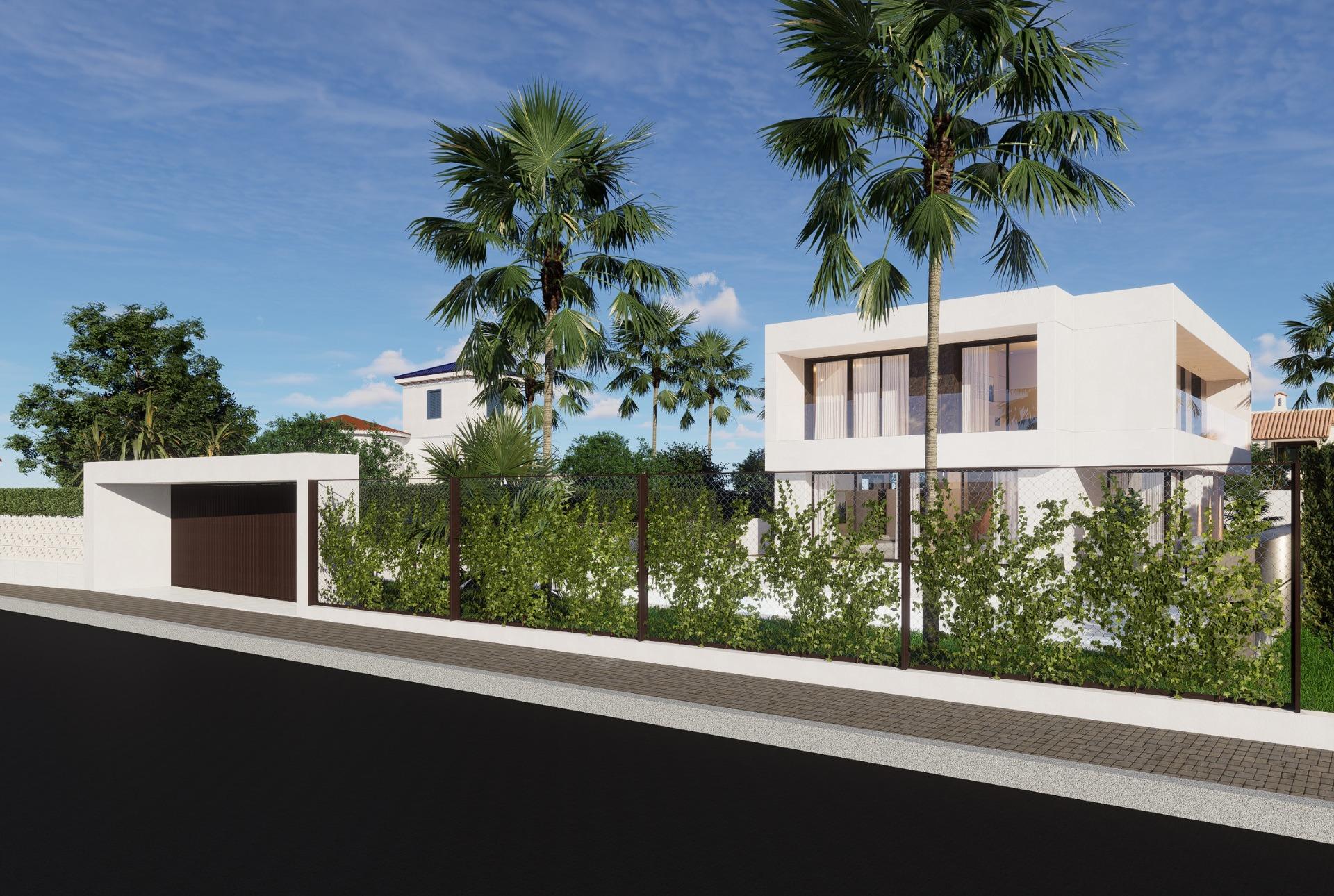 Modern luxury 4-bedroom villa with private pool, lush landscaped garden, and sleek exterior in La Zenia, Orihuela Costa.
