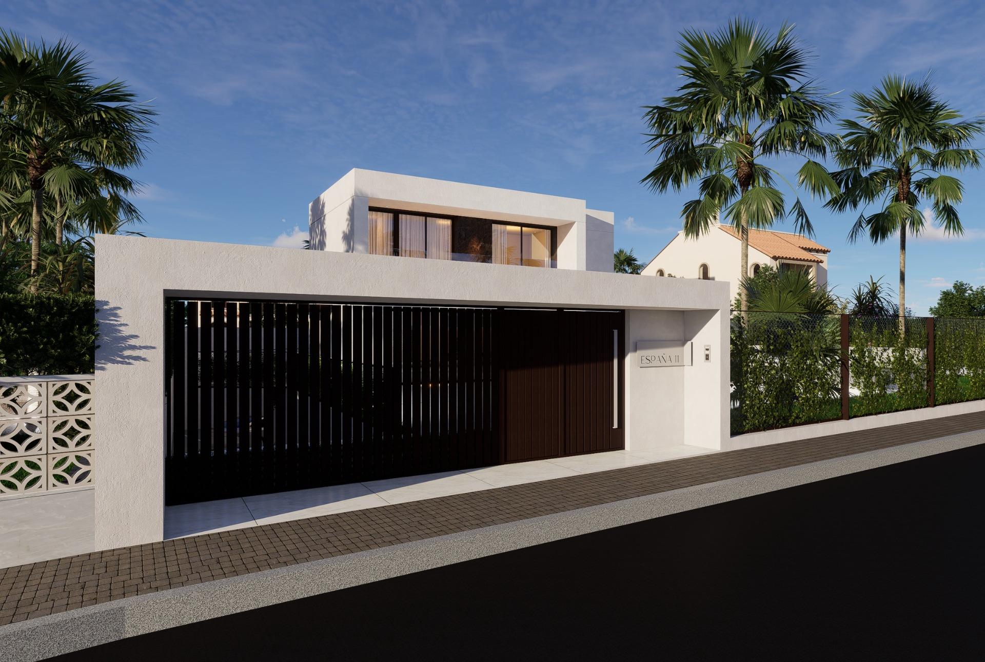 Modern luxury 4-bedroom villa exterior with sleek entrance and tropical landscaping in La Zenia, Orihuela Costa.