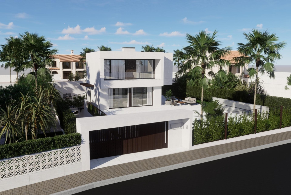 Modern luxury 4-bedroom villa with private pool, lush landscaping, and sleek white exterior in La Zenia, Orihuela Costa.