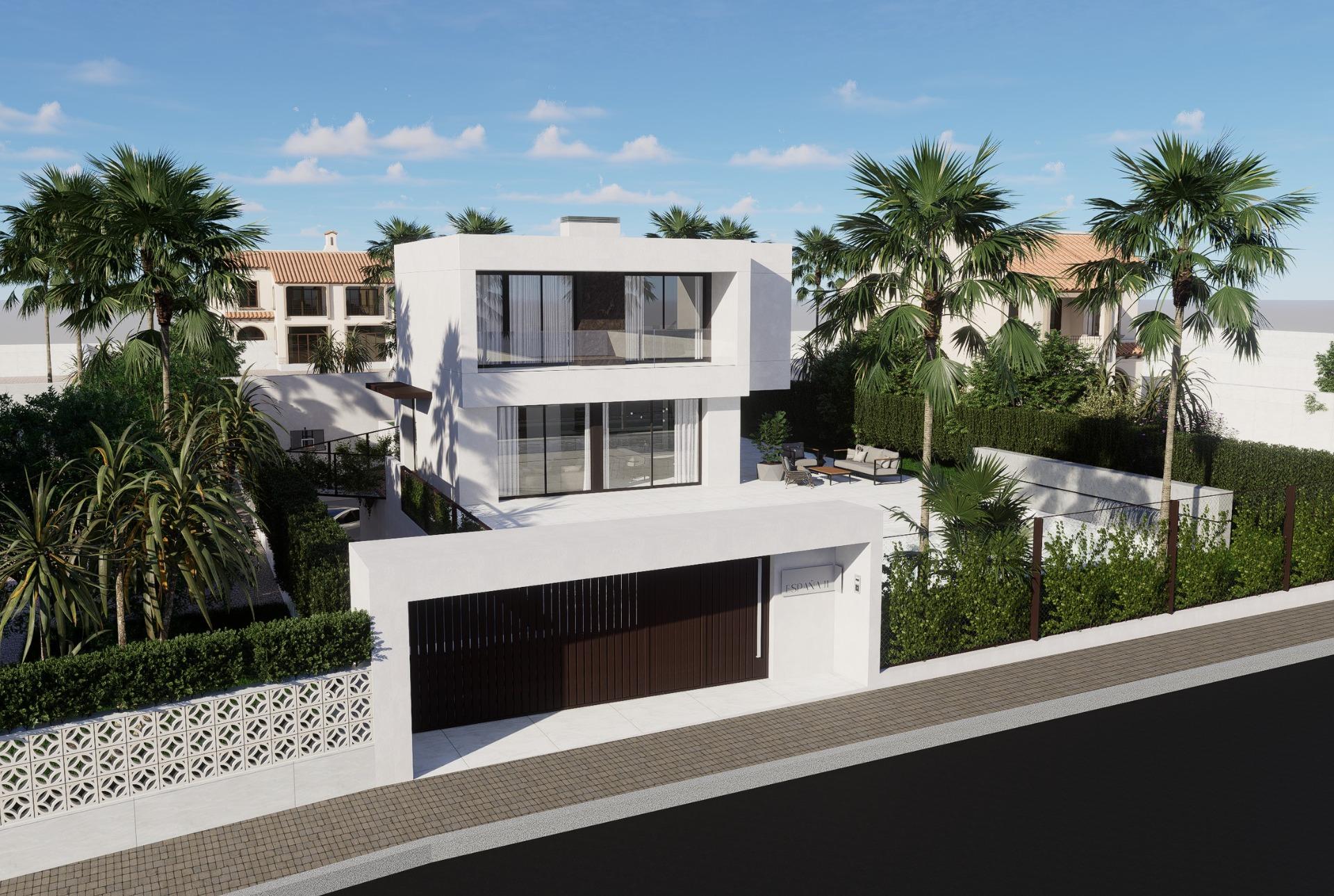 Modern luxury 4-bedroom villa with private pool, lush landscaping, and sleek white exterior in La Zenia, Orihuela Costa.