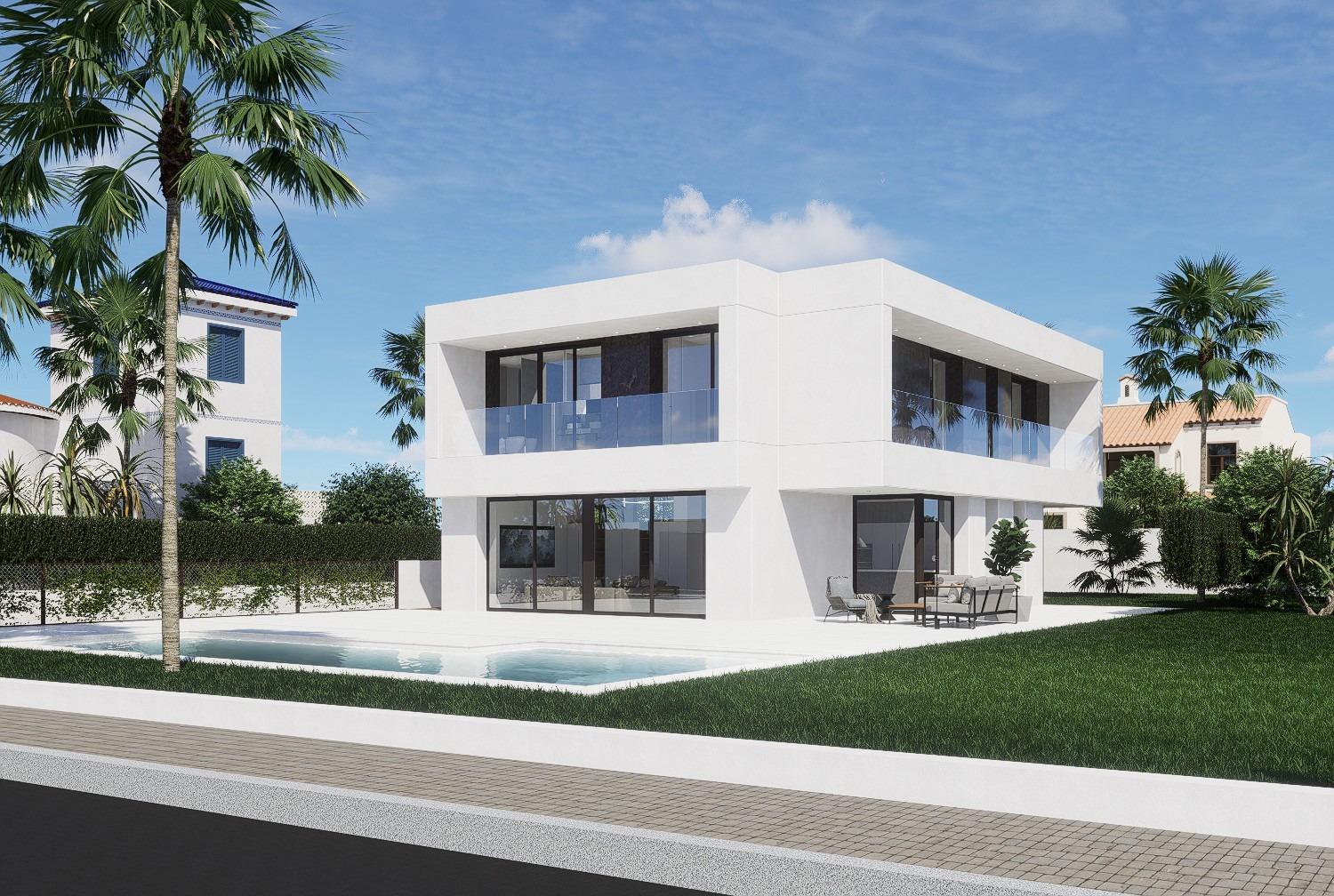 Modern luxury 4-bedroom villa with sleek white exterior, private pool, sun-drenched terrace, and landscaped garden in La Zenia, Orihuela Costa.