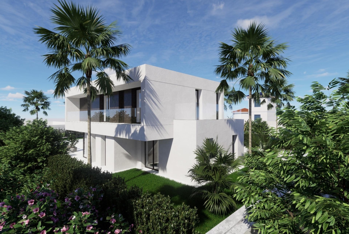 Modern luxury 4-bedroom villa with private pool surrounded by lush landscaping in sun-drenched La Zenia, Orihuela Costa.