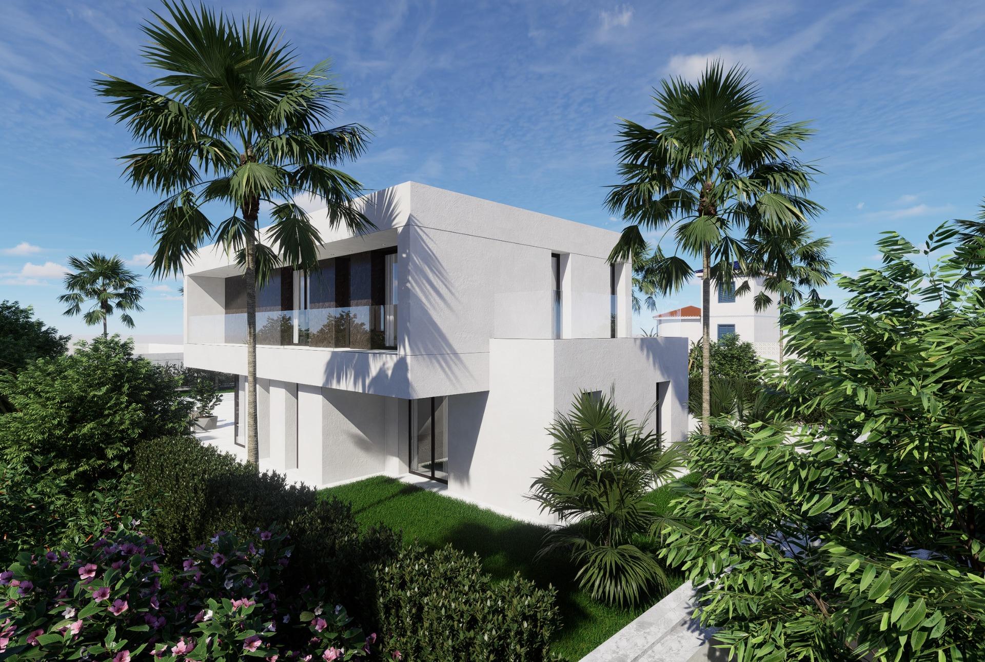 Modern luxury 4-bedroom villa with private pool surrounded by lush landscaping in sun-drenched La Zenia, Orihuela Costa.