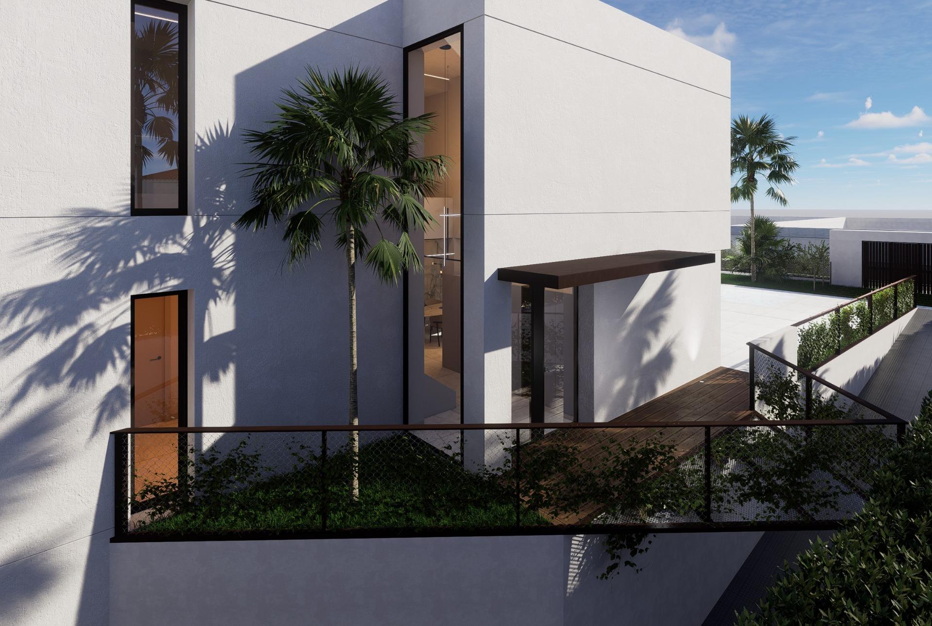 Modern exterior of luxury 4-bedroom new build villa with sleek balcony and tropical landscaping in La Zenia, Orihuela Costa.