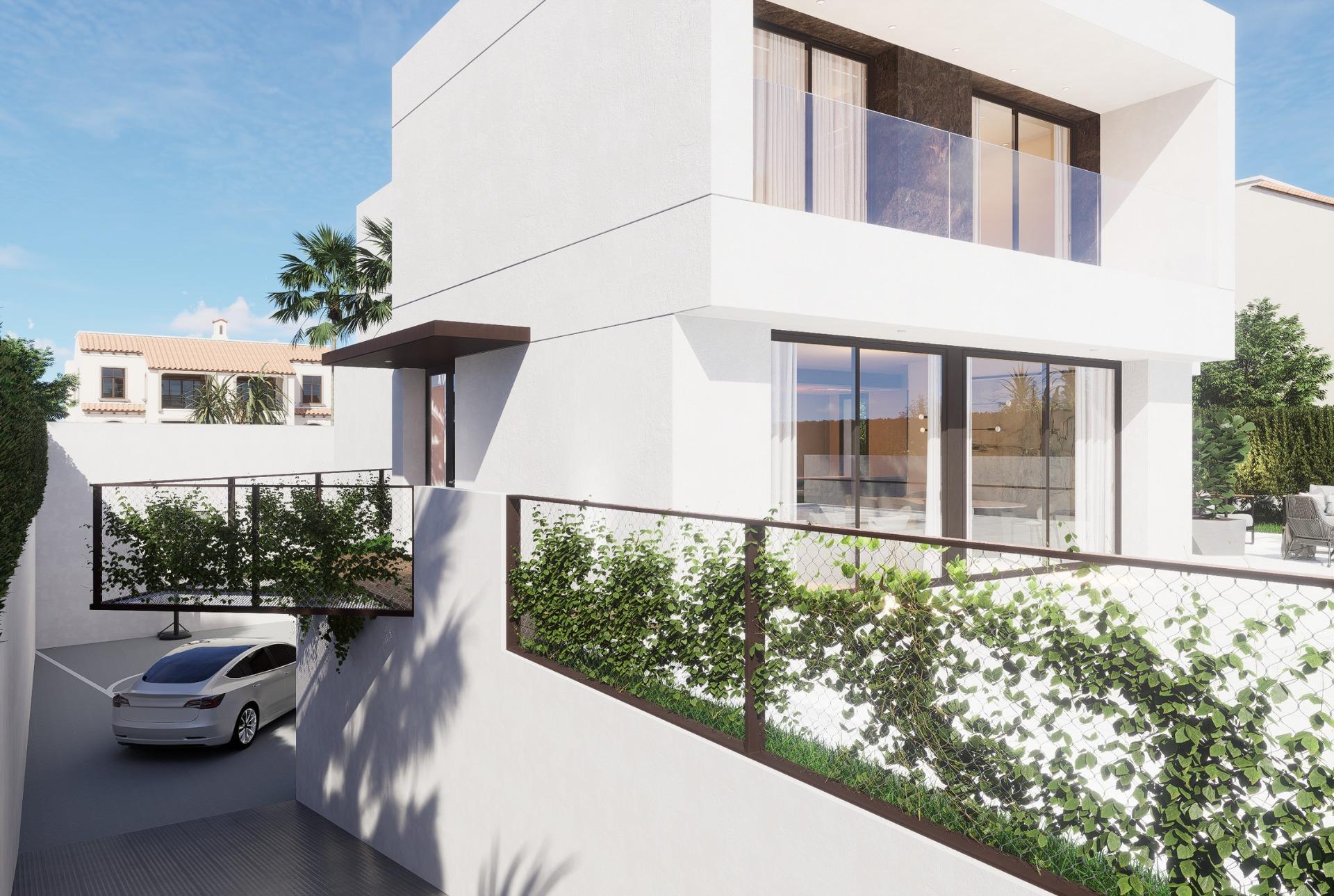 Modern luxury 4-bedroom villa exterior in La Zenia, Orihuela Costa, featuring clean lines, large windows, and a private driveway.