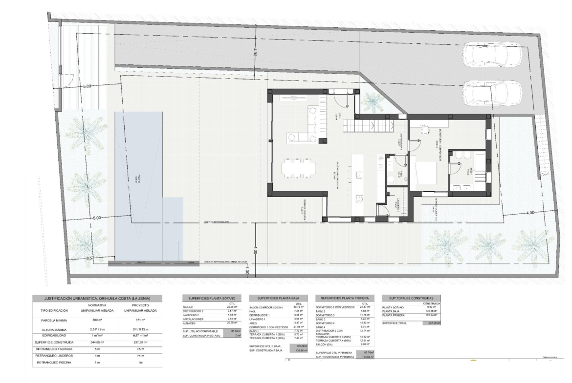 Spacious floor plan of luxury 4-bedroom villa with private pool and landscaped garden in La Zenia, Orihuela Costa.