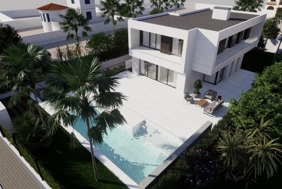 Modern luxury 4-bedroom villa in La Zenia, Orihuela Costa with spacious sunlit terrace and private pool surrounded by lush greenery.