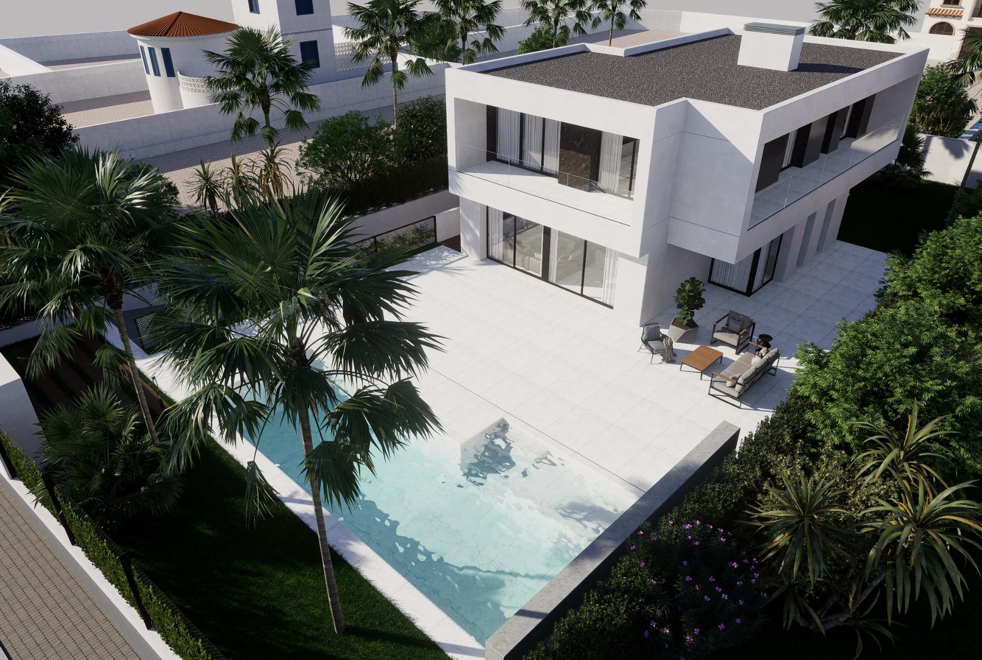 Modern luxury 4-bedroom villa in La Zenia, Orihuela Costa with spacious sunlit terrace and private pool surrounded by lush greenery.