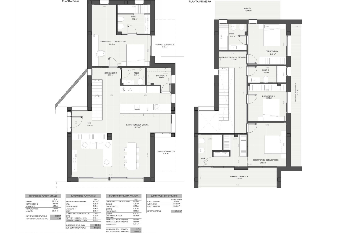 Detailed floor plan of a spacious 4-bedroom luxury villa with open-plan living areas and terraces in La Zenia, Orihuela Costa.