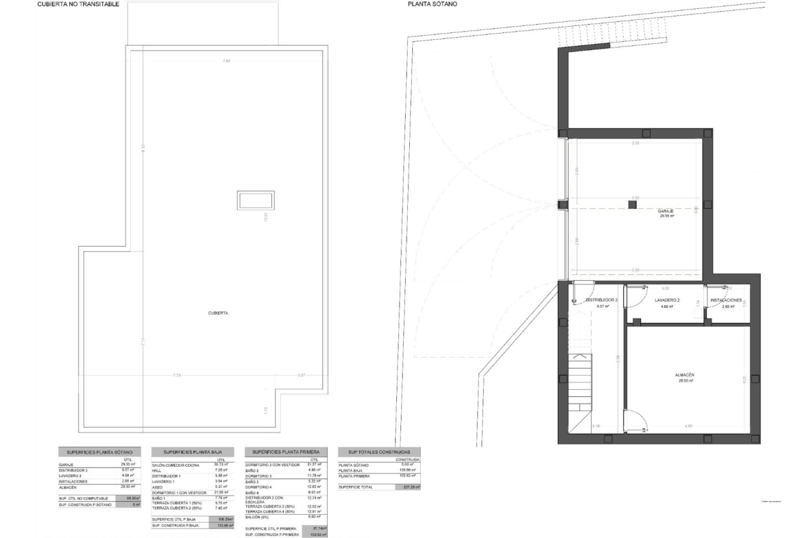 Detailed architectural floor plans of a modern luxury 4-bedroom villa with basement in La Zenia, Orihuela Costa.