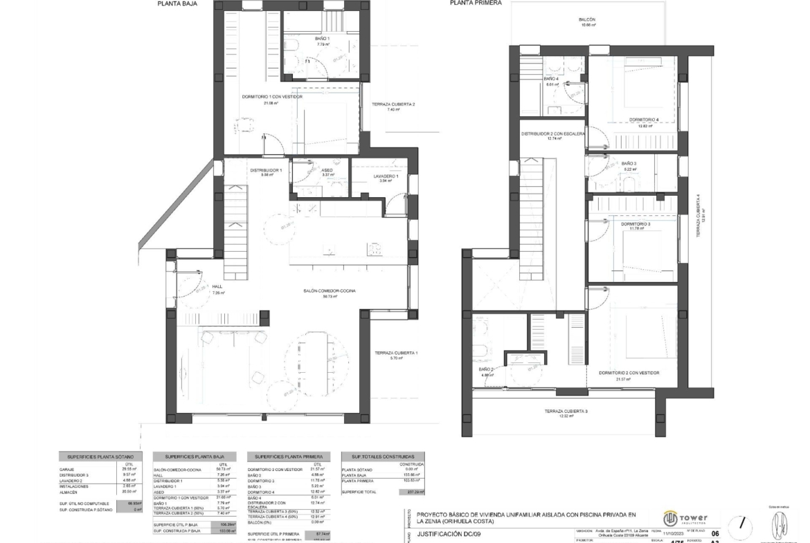 Detailed floor plan of a spacious luxury 4-bedroom villa with open-plan living areas and terraces in La Zenia, Orihuela Costa.