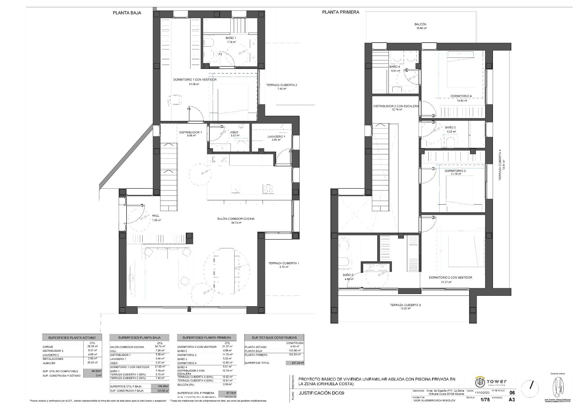 Detailed floor plan of a spacious luxury 4-bedroom villa with open-plan living areas and terraces in La Zenia, Orihuela Costa.