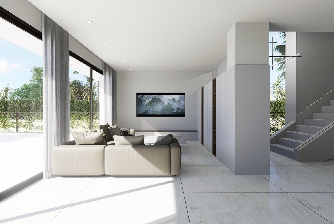 Sun-drenched modern living room with sleek furniture and large glass doors in a luxury 4-bedroom villa in La Zenia, Orihuela Costa