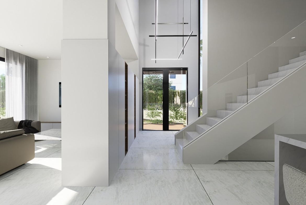 Bright and modern entrance hall with sleek staircase in luxury new build 4 bedroom villa in La Zenia, Orihuela Costa.