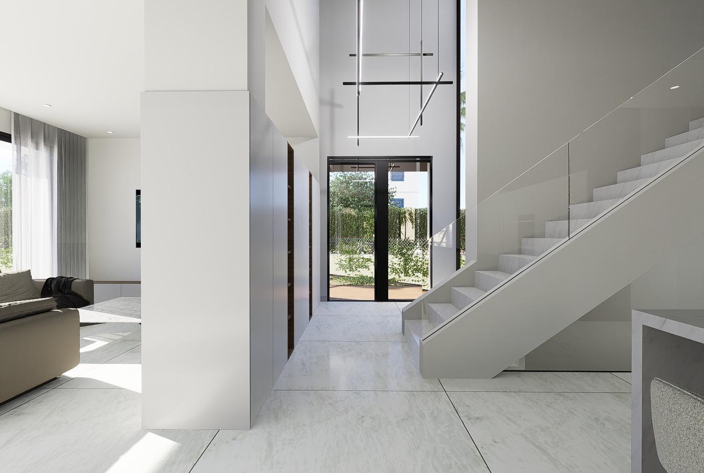 Bright and modern entrance hall with sleek staircase in luxury new build 4 bedroom villa in La Zenia, Orihuela Costa.
