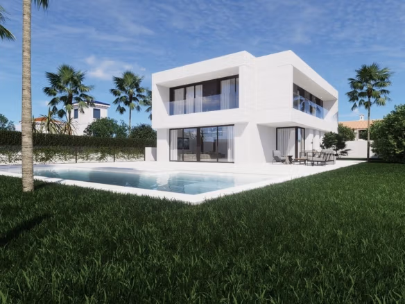 Modern lyxvilla med 4 sovrum, stilren vit exteriör, privat pool och anlagd trädgård i soldränkta La Zenia, Orihuela Costa.