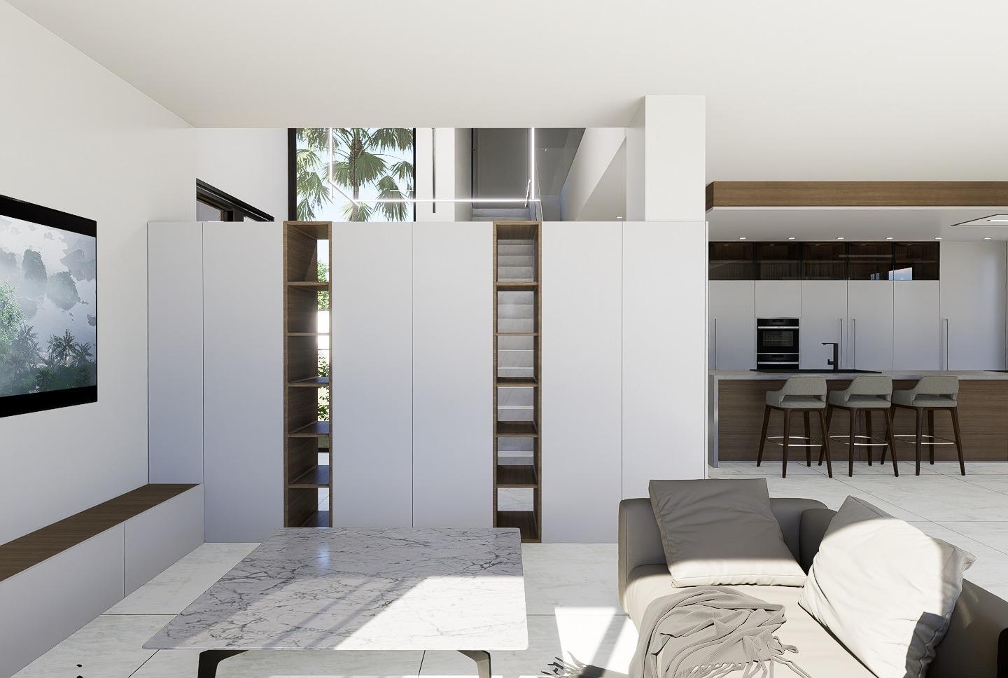 Bright, modern open-plan living area with sleek kitchen and elegant furnishings in luxury 4-bedroom villa in La Zenia, Orihuela Costa.