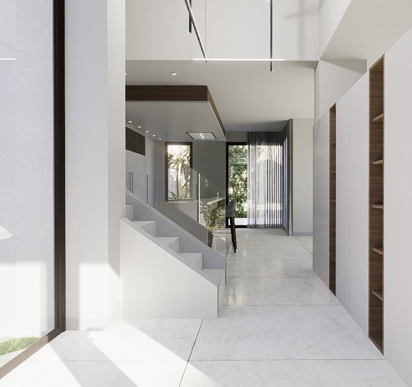 Bright, modern open-plan interior with sleek staircase and floor-to-ceiling windows in luxury 4-bedroom villa, La Zenia, Orihuela Costa.