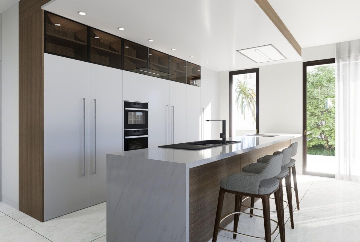 Modern sunlit kitchen with sleek island and bar stools in luxury 4-bedroom villa, La Zenia, Orihuela Costa.