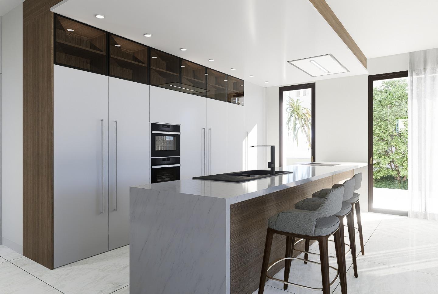 Modern sunlit kitchen with sleek island and bar stools in luxury 4-bedroom villa, La Zenia, Orihuela Costa.