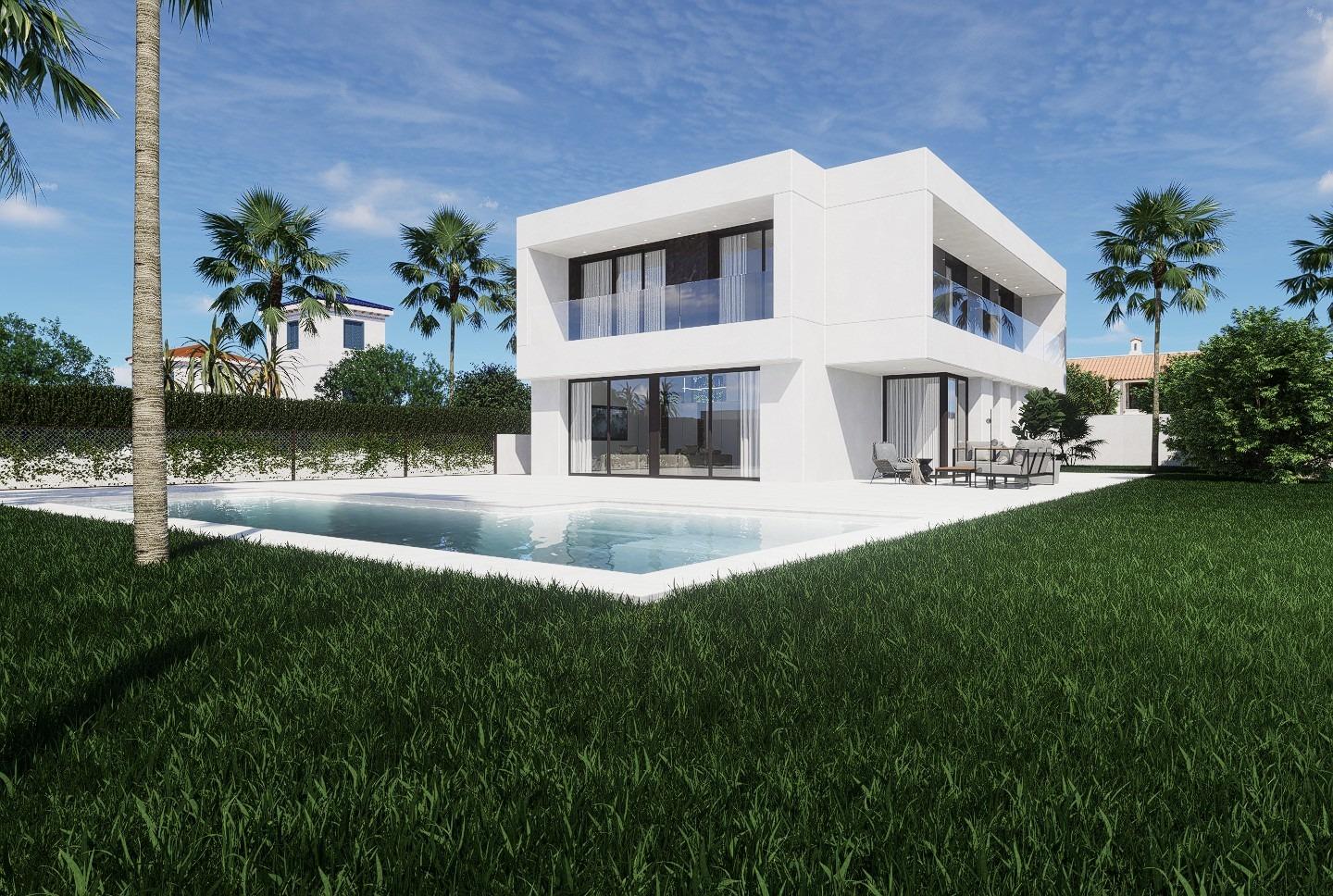Modern luxury 4-bedroom villa with sleek white exterior, private pool, and landscaped garden in sunlit La Zenia, Orihuela Costa.