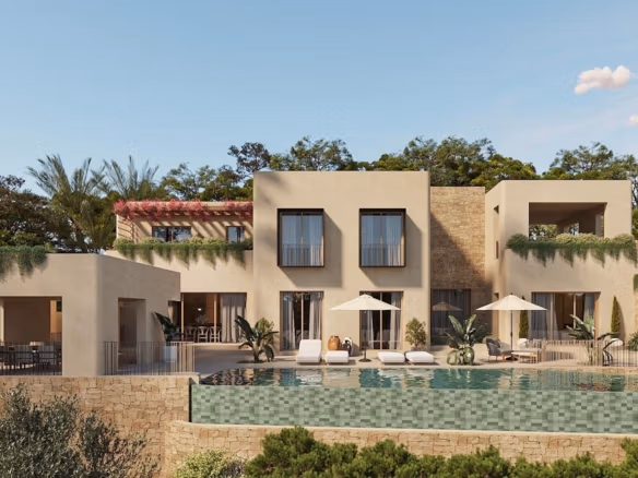 Stunning modern 4-bedroom villa en Altea Hills with spacious terrace, landscaped garden, y private infinity pool overlooking lush greenery.