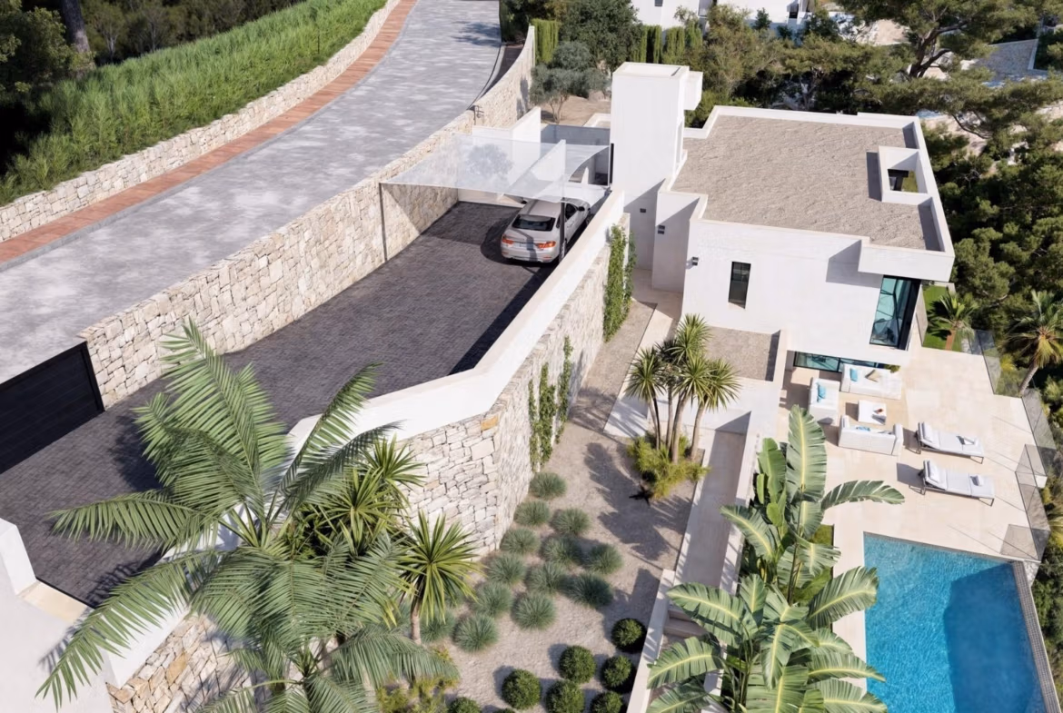 Modern 4-bedroom villa in Benissa Costa featuring a sleek exterior, landscaped gardens, and a private infinity pool with sea views.