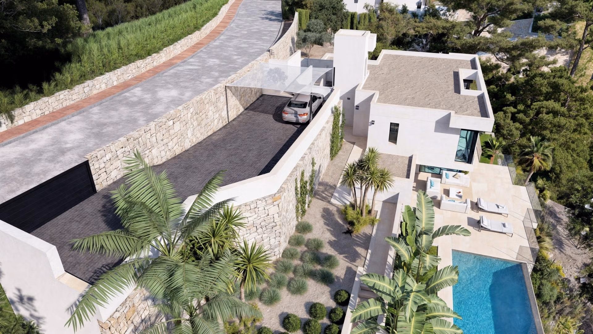 Modern 4-bedroom villa in Benissa Costa featuring a sleek exterior, landscaped gardens, and a private infinity pool with sea views.