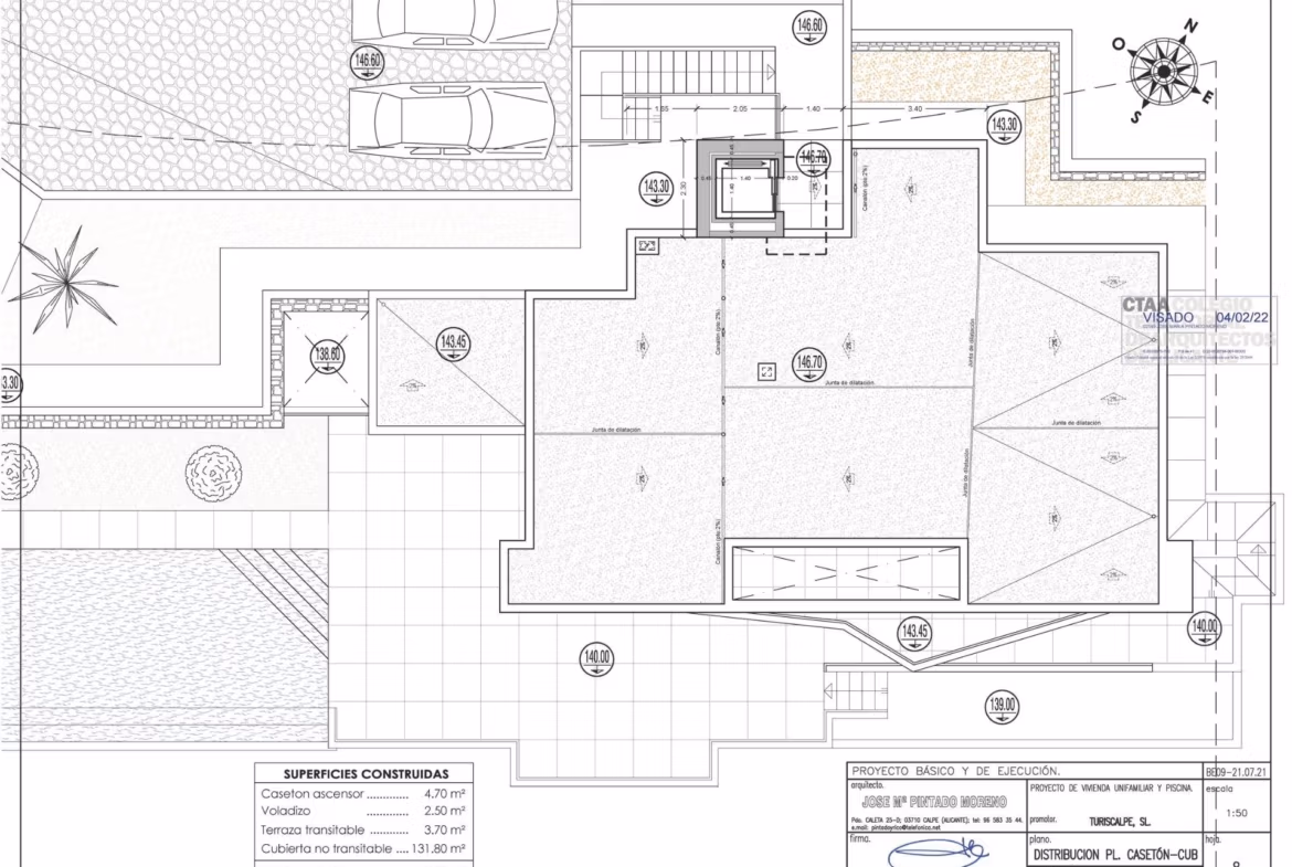 Architectural floor plan of a modern 4-bedroom villa with spacious terraces and private parking in Benissa Costa.