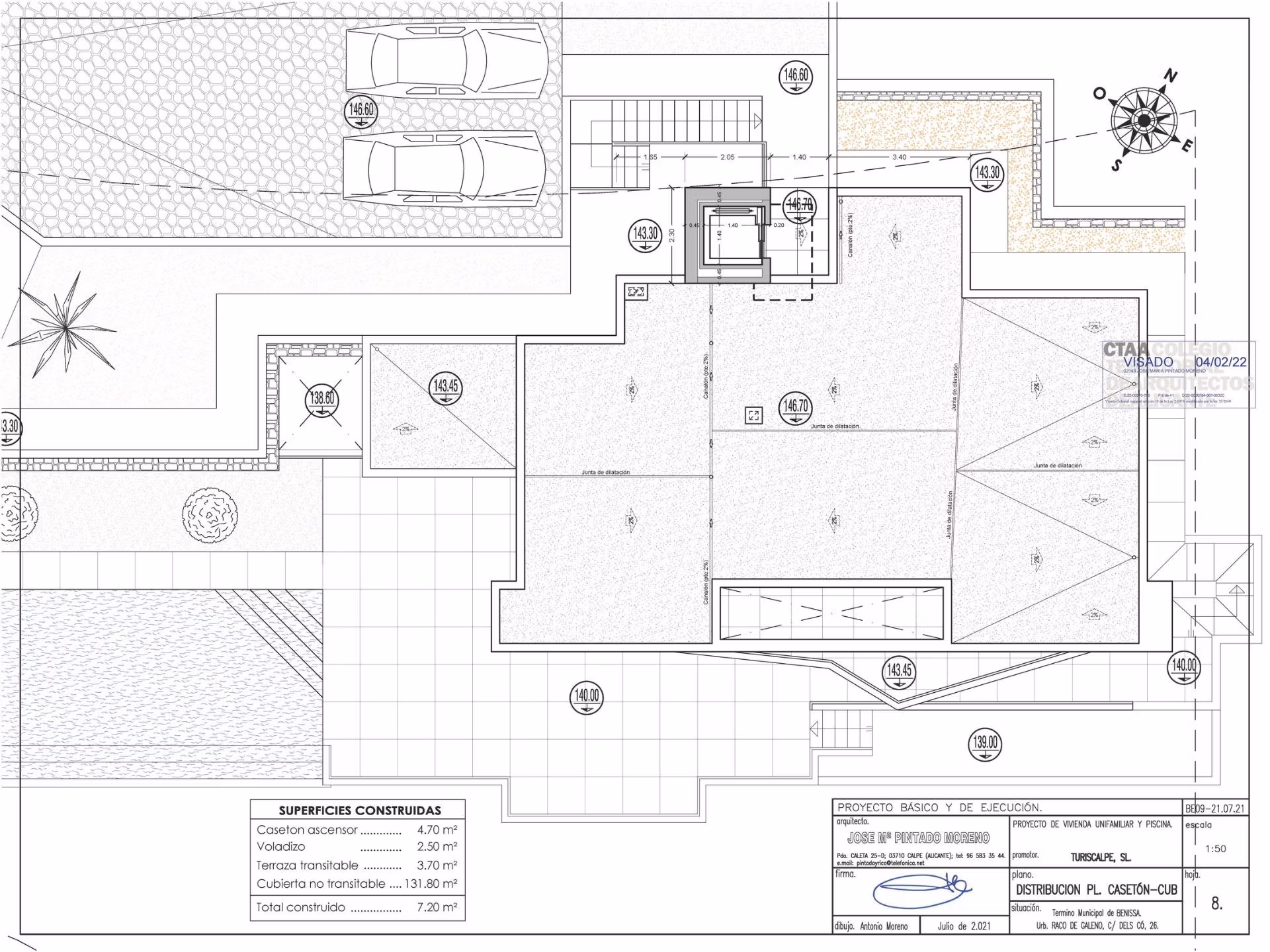 Architectural floor plan of a modern 4-bedroom villa with spacious terraces and private parking in Benissa Costa.