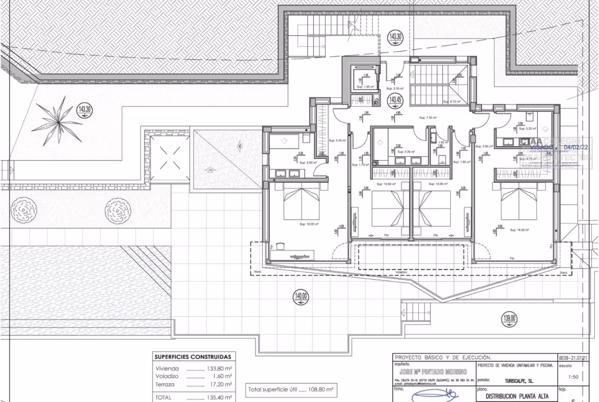 Detailed architectural floor plan of a luxurious 4-bedroom villa in Benissa Costa with spacious terraces and modern layout.