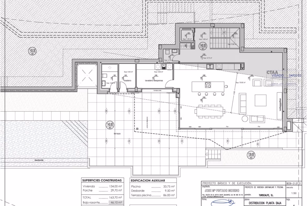 Detailed floor plan of a modern, spacious 4-bedroom villa in Benissa Costa with open-plan living and expansive terrace layout