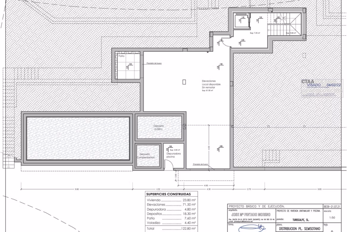 Detailed architectural floor plan of a modern 4-bedroom villa with pool and terrace in Benissa Costa.