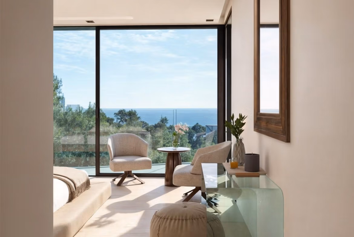 Bright modern sitting area with panoramic sea views in luxury 4 bedroom villa in Benissa Costa
