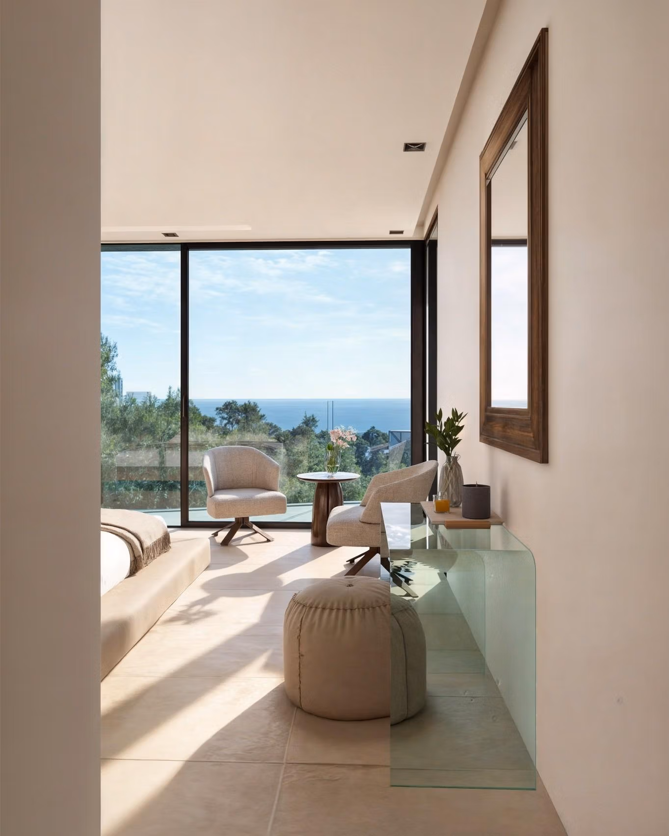 Bright modern sitting area with panoramic sea views in luxury 4 bedroom villa in Benissa Costa