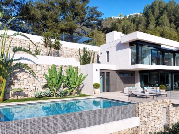 Villa moderna de lujo de 4 dormitorios en Benissa Costa con elegante piscina infinity, amplia terraza y entorno ajardinado.