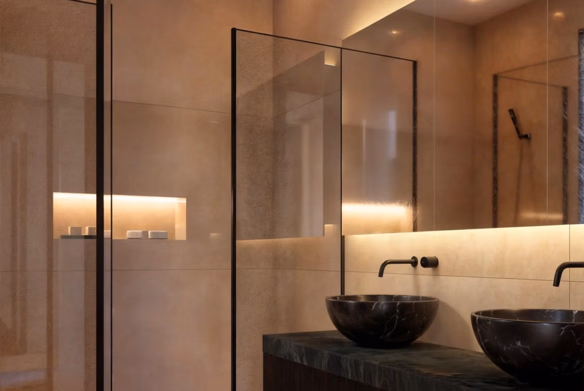 Modern, elegant bathroom with black stone sinks and ambient lighting in a luxury 4-bedroom villa in Benissa Costa.