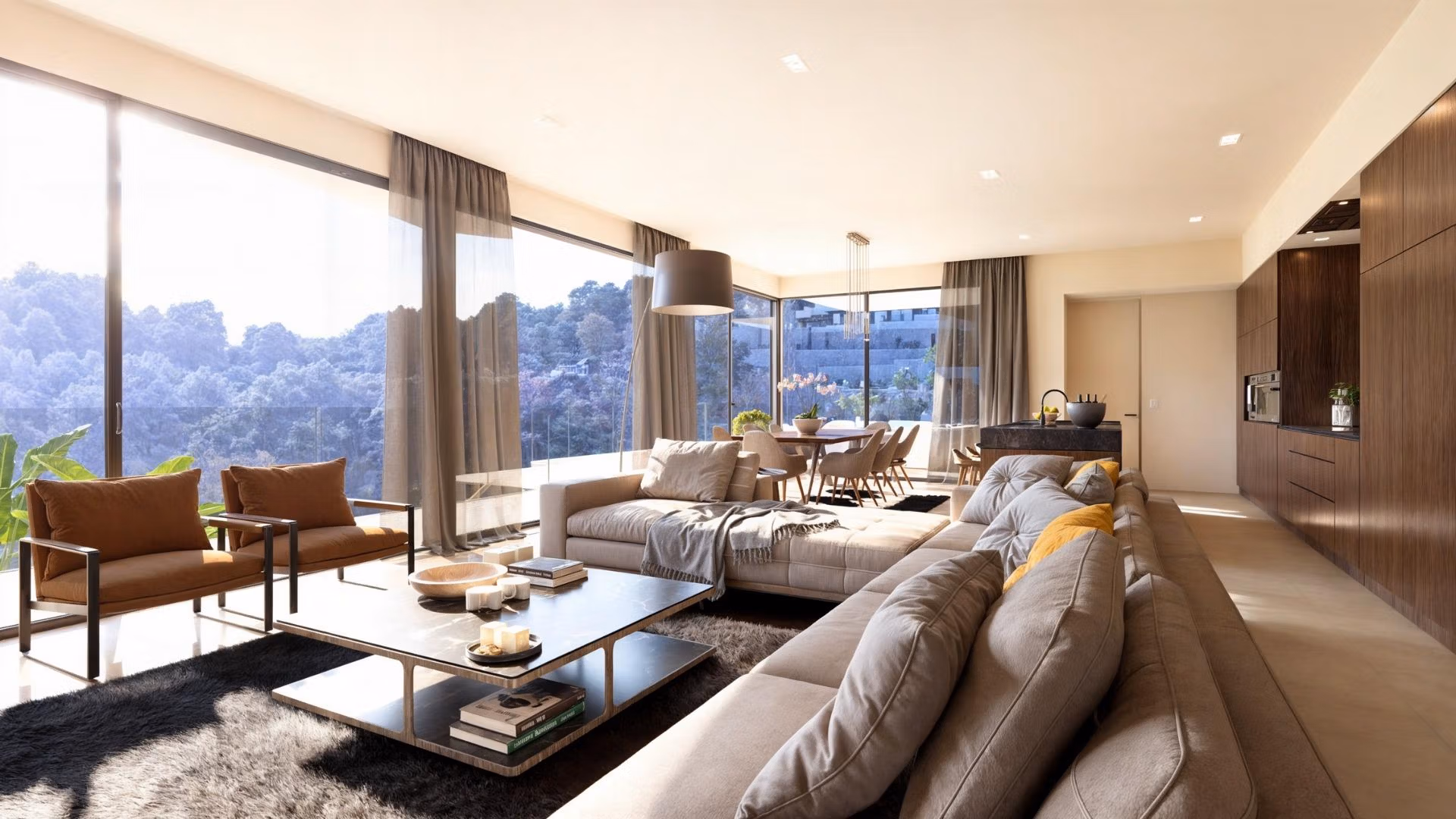 Spacious sun-drenched living and dining area with modern elegance and forest views in luxury 4-bedroom villa, Benissa Costa