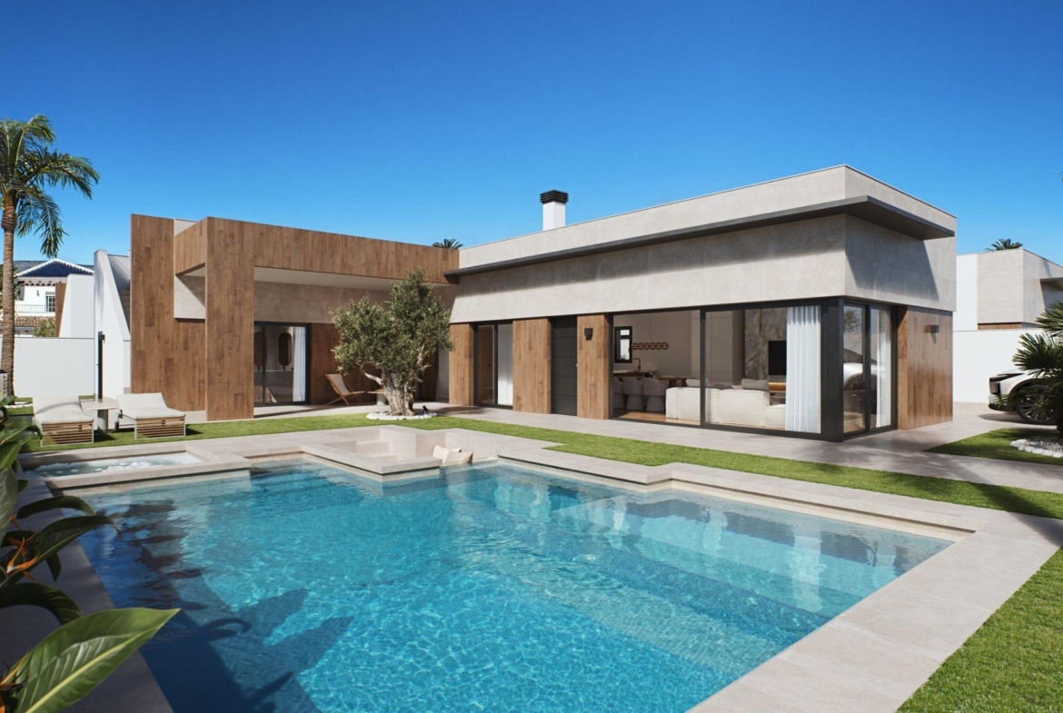 Luxury New Build Villas in Sucina with Private Pool and Large Plots Modern luxury single-storey villa in Sucina, Murcia with a private pool, spacious terrace, and sleek wood-accented exterior.