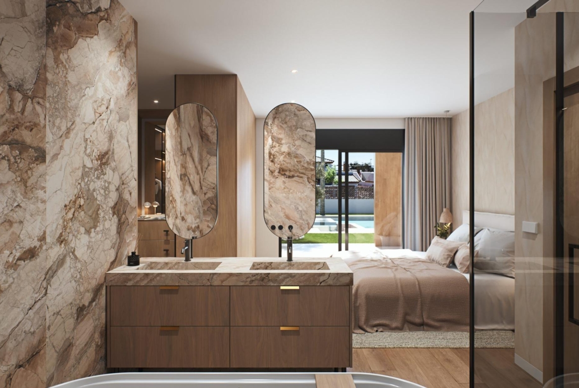 Luxury-New-Build-Villas-in-Sucina-with-Private-Pool-and-Large-Plots-13 Elegant bathroom with polished stone finishes and double vanity opening to bright bedroom in luxury villa in Sucina, Murcia.