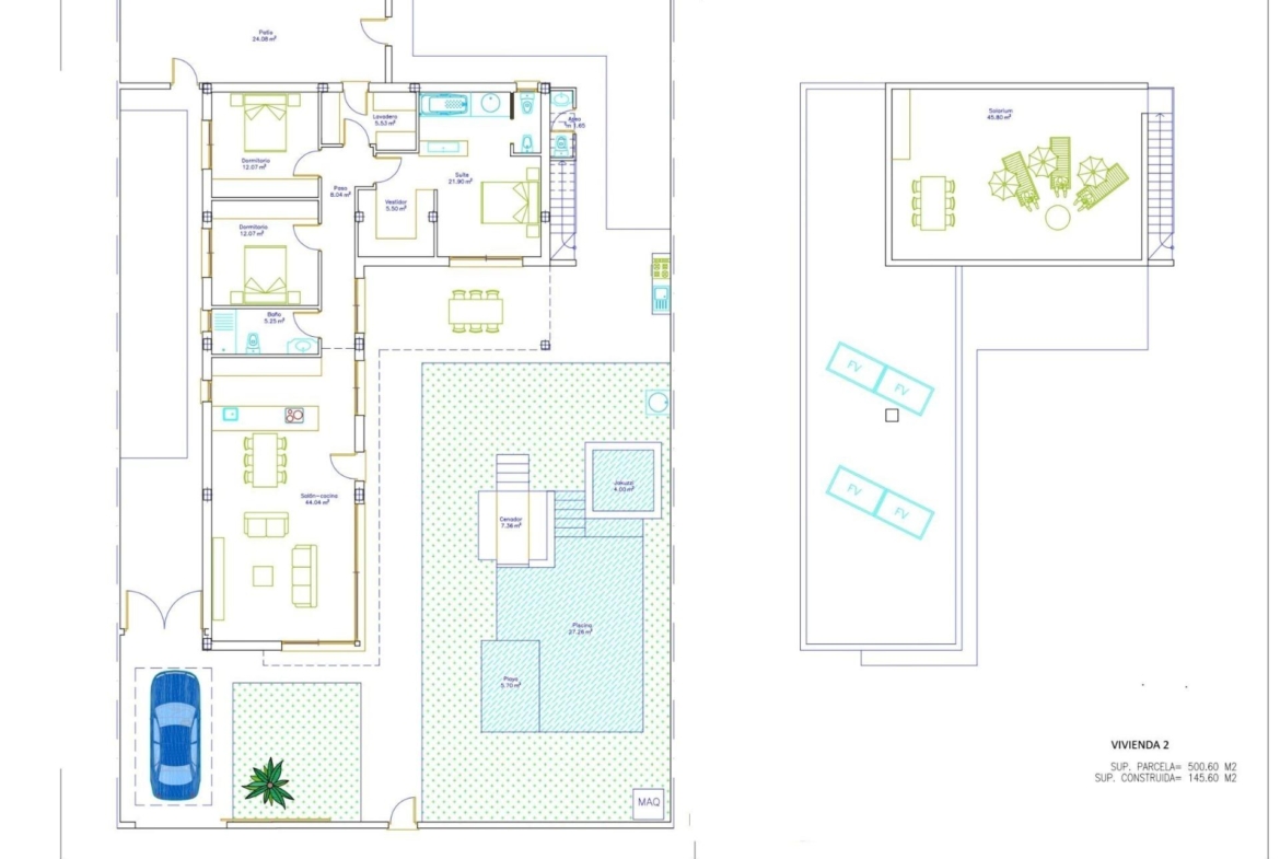 Luxury-New-Build-Villas-in-Sucina-with-Private-Pool-and-Large-Plots-15 Spacious floor plan of luxury single-storey villa in Sucina, Murcia with private pool, Jacuzzi, and rooftop solarium lounge area.